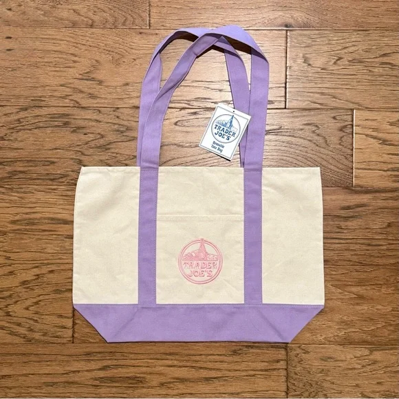 Large Trader Joes Tote Bag Lavender Purple Canvas 20" × 14” Brand New With Tags - Picture 1 of 4